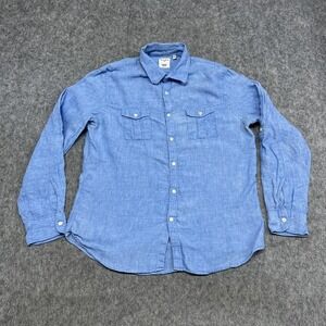 Murano Baird McNutt Shirt Mens L Blue Linen Slim Fit Roll Tab Pockets Preppy